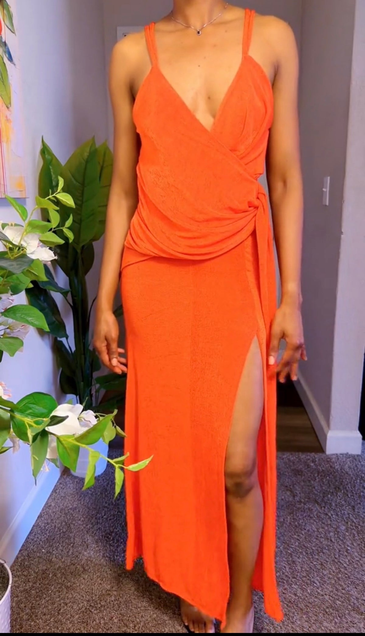 Orange Wrap-Front Maxi Dress with Side Slit.