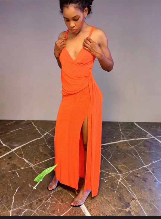 Orange Wrap-Front Maxi Dress with Side Slit.
